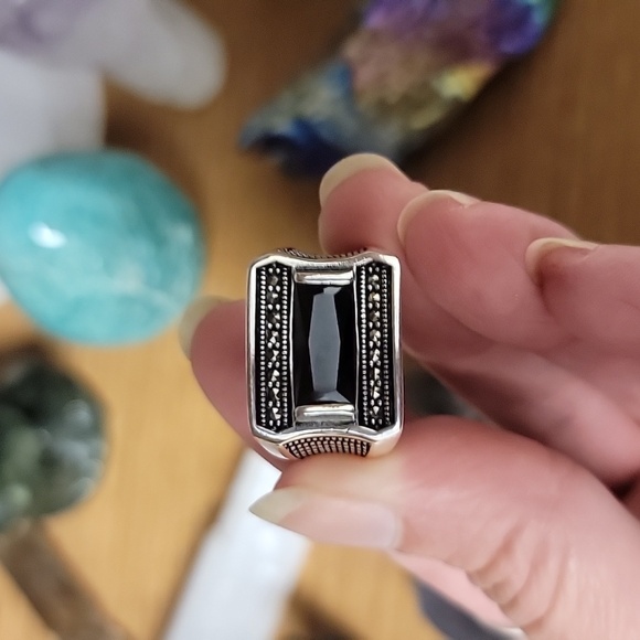 Ring, Men's black onyx sterling silver size 10 - Picture 2 of 5